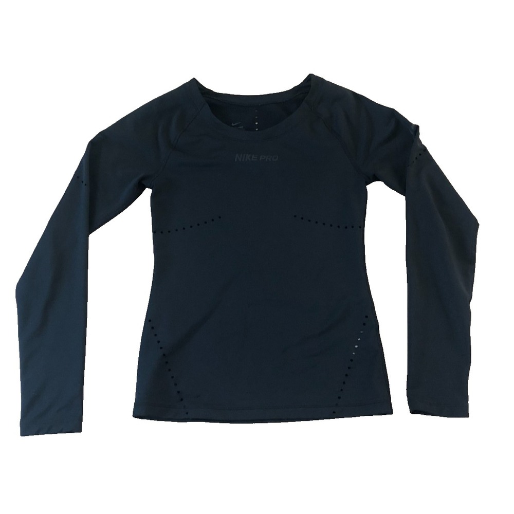 Nike Pro HyperWarm Womens Long Sleeve‎ Pullover Top Keyhole Black Running Active